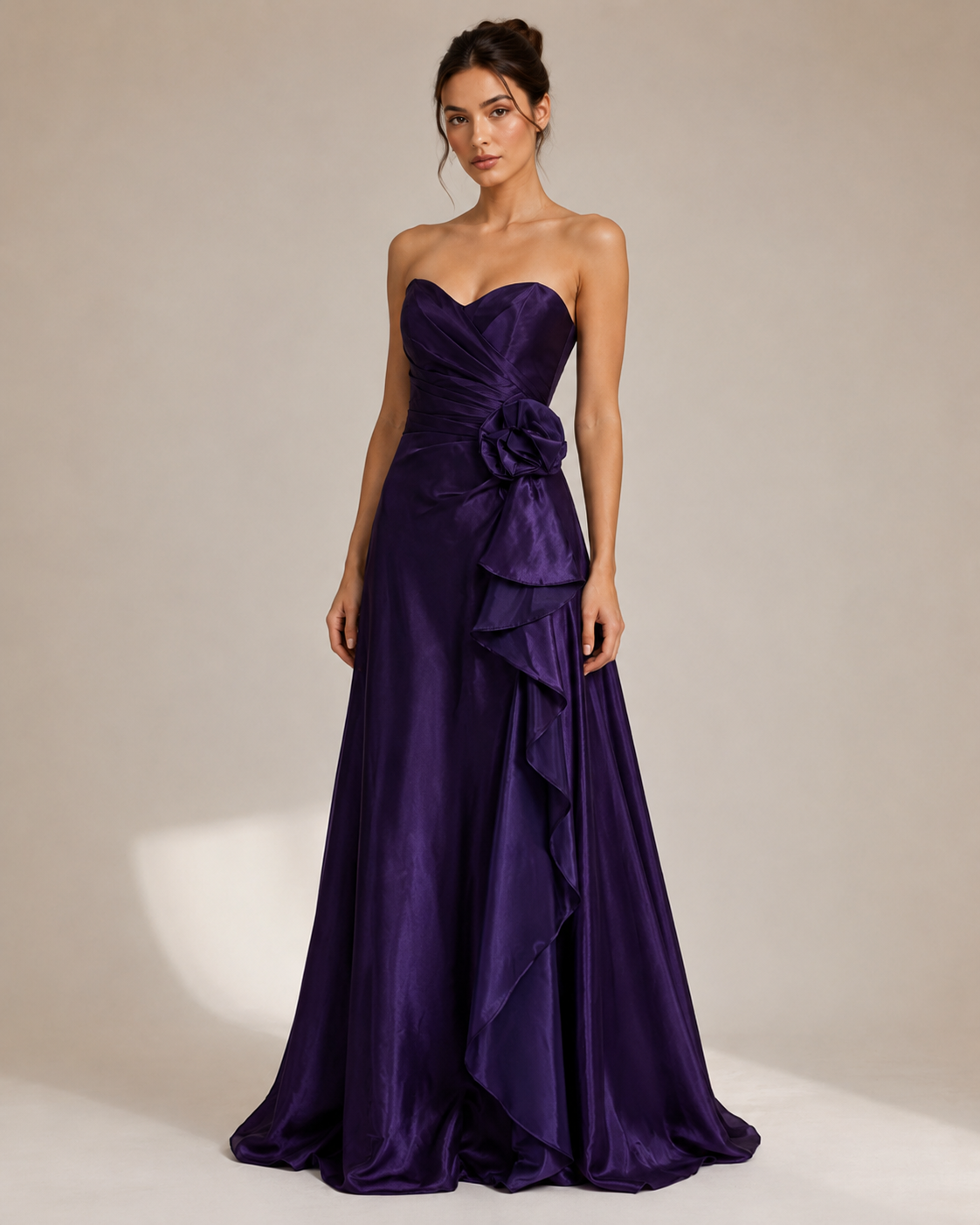 Purple Satin Strapless Cascade Gown - Purple (view 1)