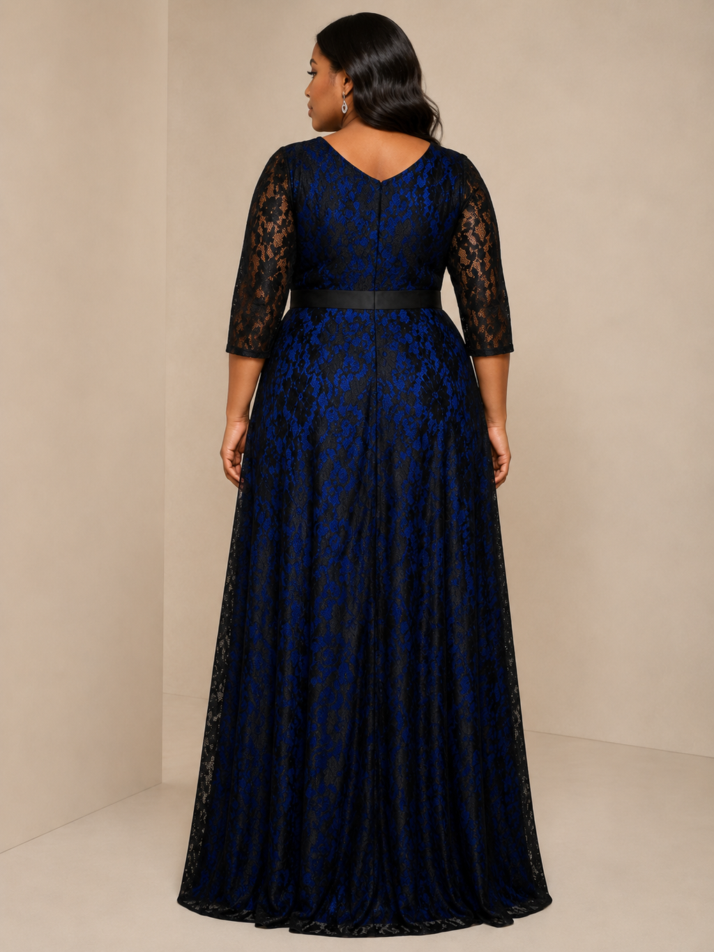 Navy Lace V-Neck Sleeve Gown - Navy (view 1)