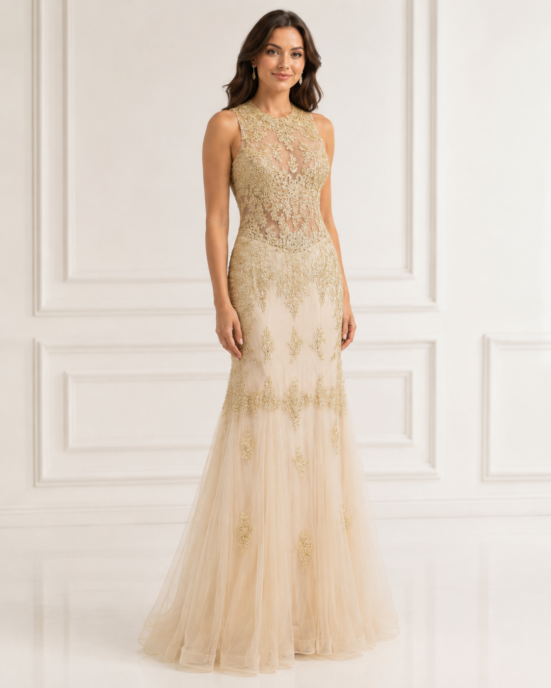 Mint Beaded Tulle Mermaid Gown - Champagne (view 10)
