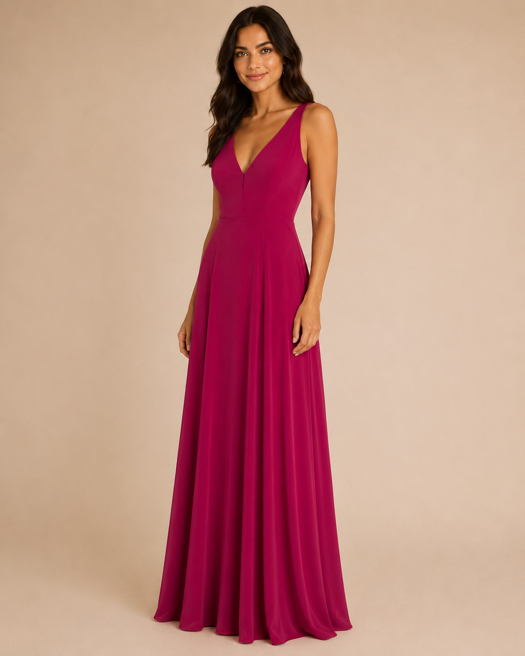 Red V-Neck Chiffon Gown - Red (view 2)