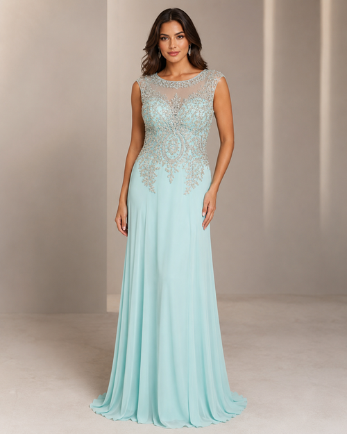 Aqua Beaded Illusion Gown - Aqua (view 1)