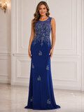 Royal Blue Beaded Illusion Column Gown - Royal Blue (view 1)