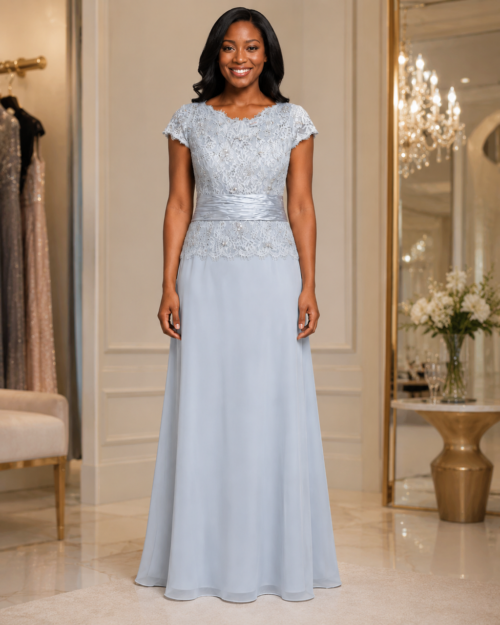 Silver Beaded Cap-Sleeve Gown - Silver (view 3)