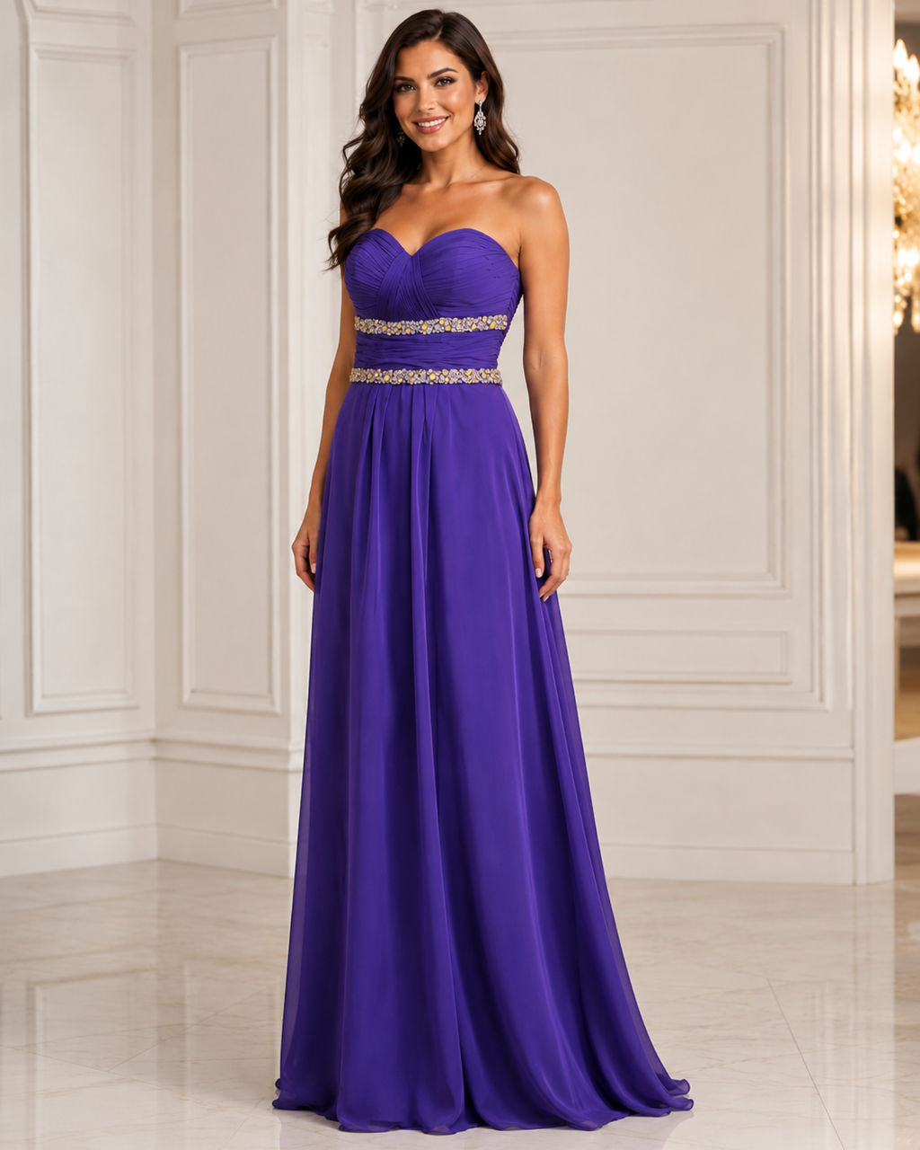 Purple Satin Sweetheart Gold-Waist Gown - Purple (view 1)