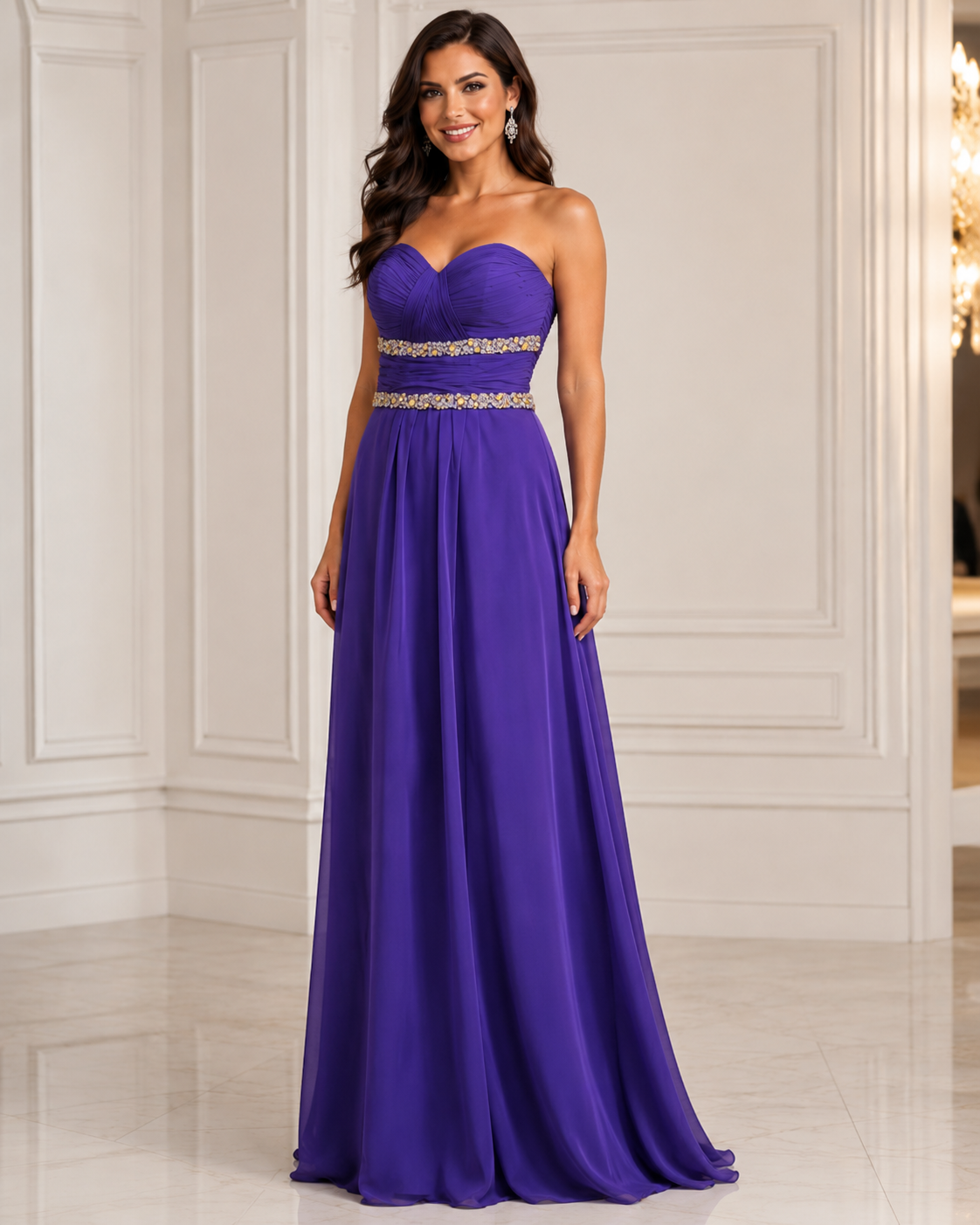 Purple Satin Sweetheart Gold-Waist Gown - Purple (view 1)