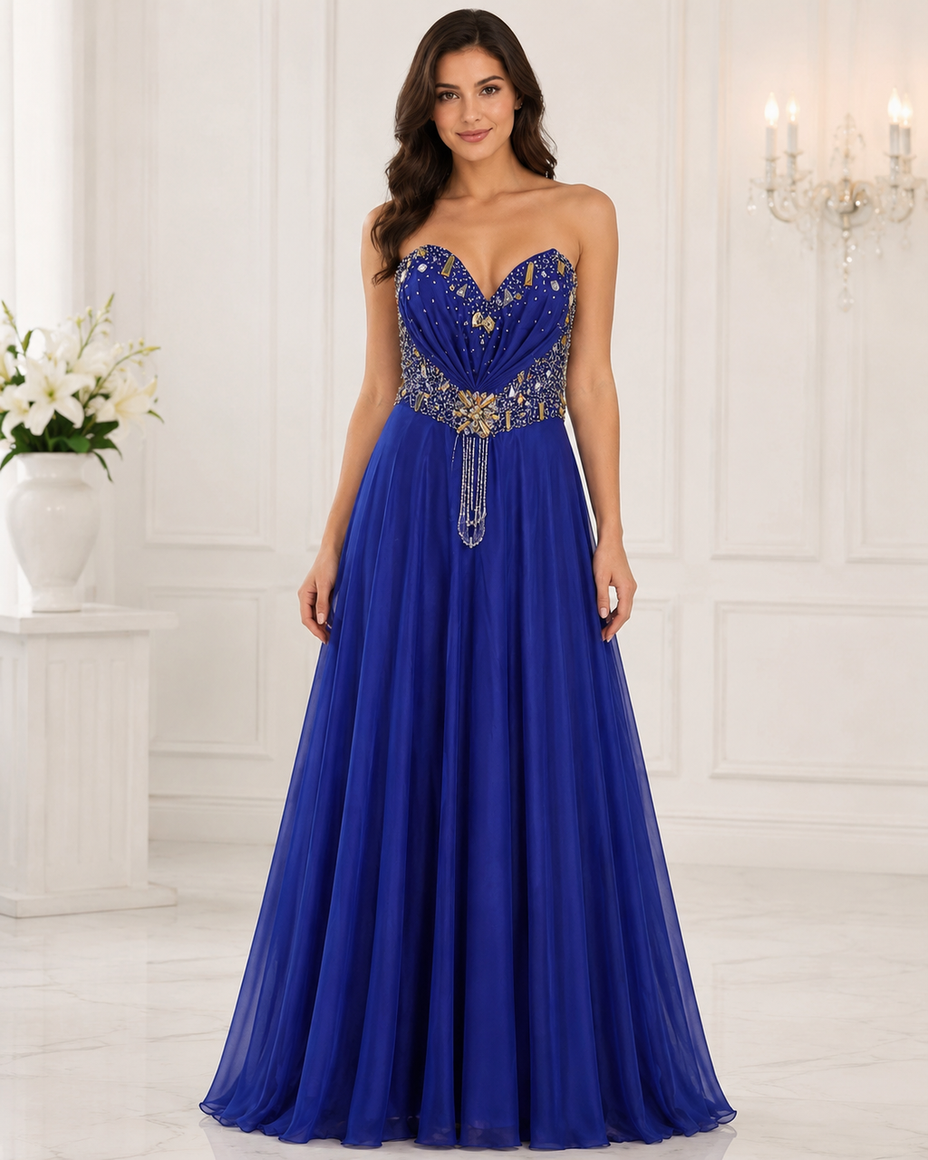Royal Blue Sweetheart Gold-Waist Gown - Royal Blue (view 1)