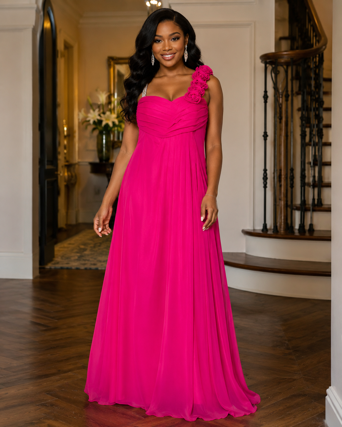 Hot Pink Rosette Shoulder Gown - Hot Pink (view 2)
