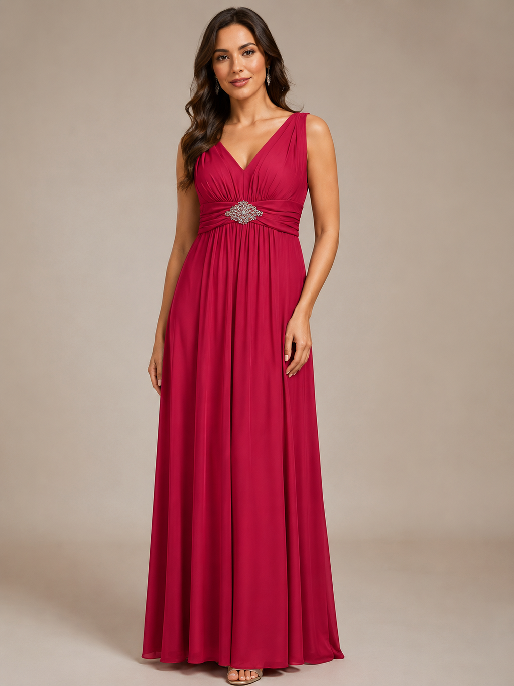 Magenta V-Neck Beaded-Waist Gown - Magenta (view 3)