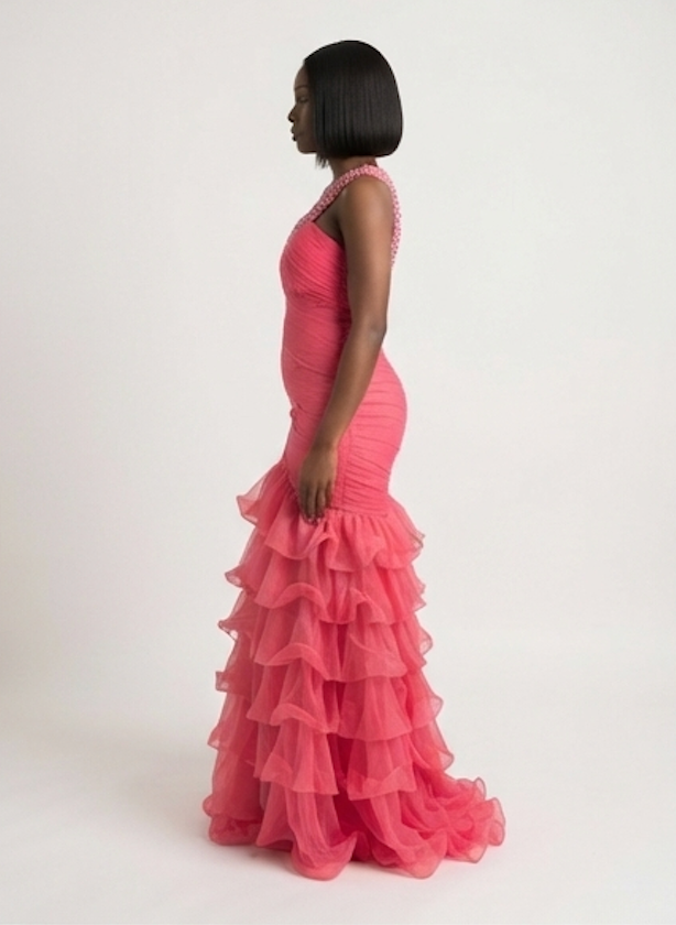 Coral Blossom One-Shoulder Ruffle Mermaid Gown
