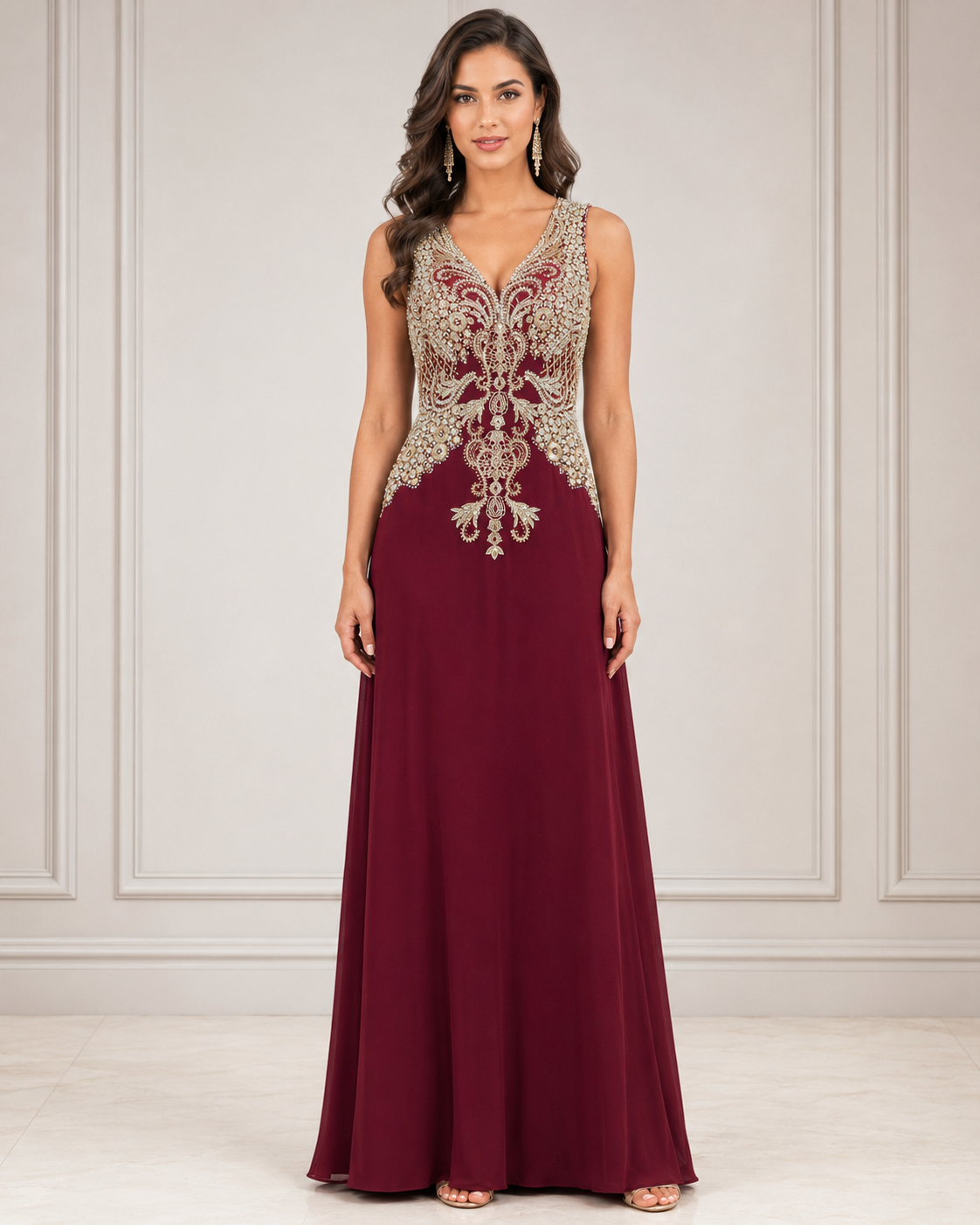 Burgundy Beaded Illusion Gown - Burgundy (view 2)