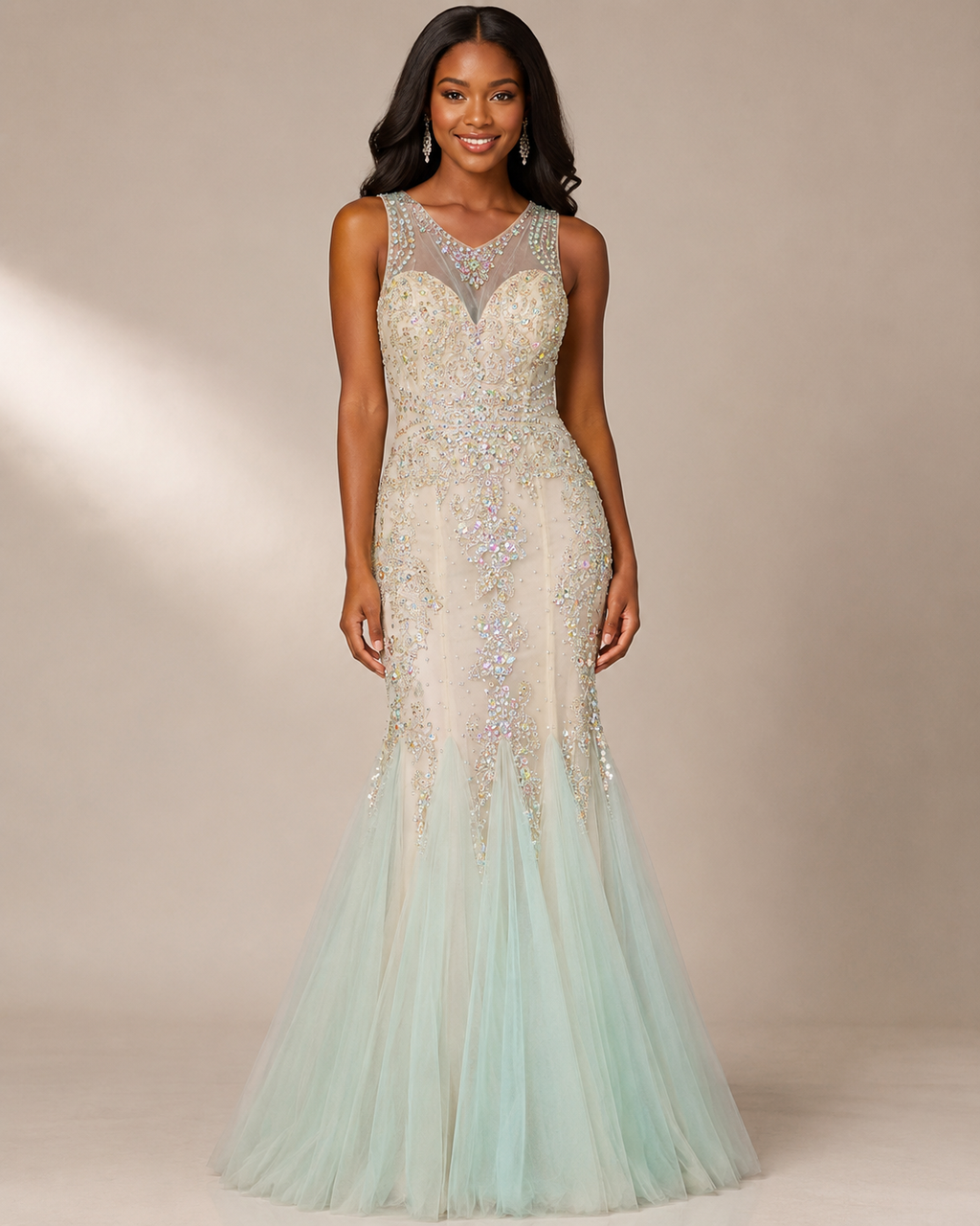 Mint Beaded Tulle Mermaid Gown - Mint (view 5)