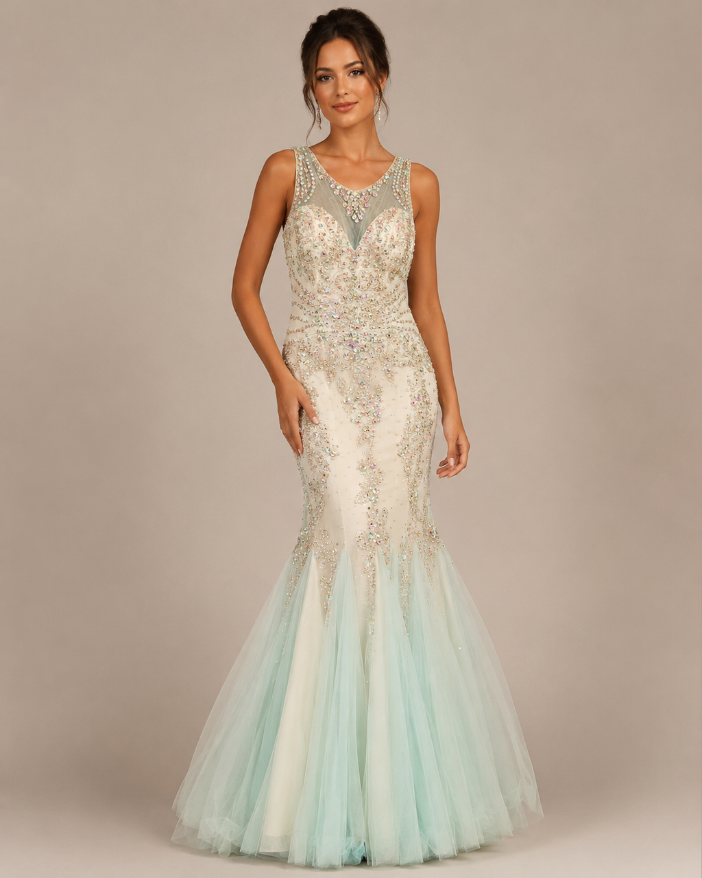 Mint Beaded Tulle Mermaid Gown - Champagne (view 11)