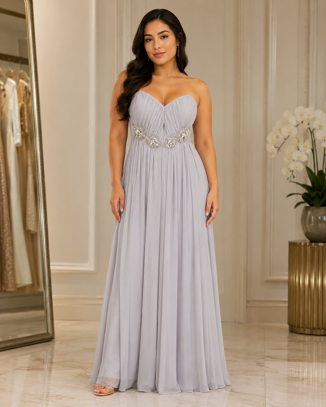 Silver Beaded Cap-Sleeve Gown - Silver (view 1)