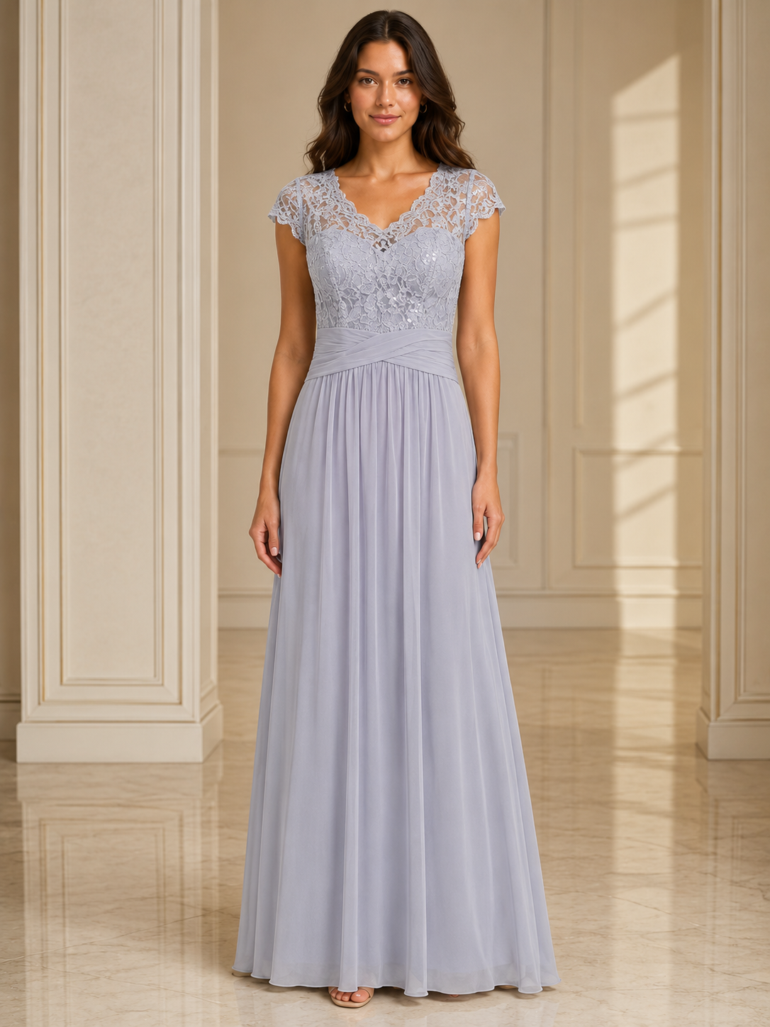 Silver Beaded Cap-Sleeve Gown - Silver (view 2)