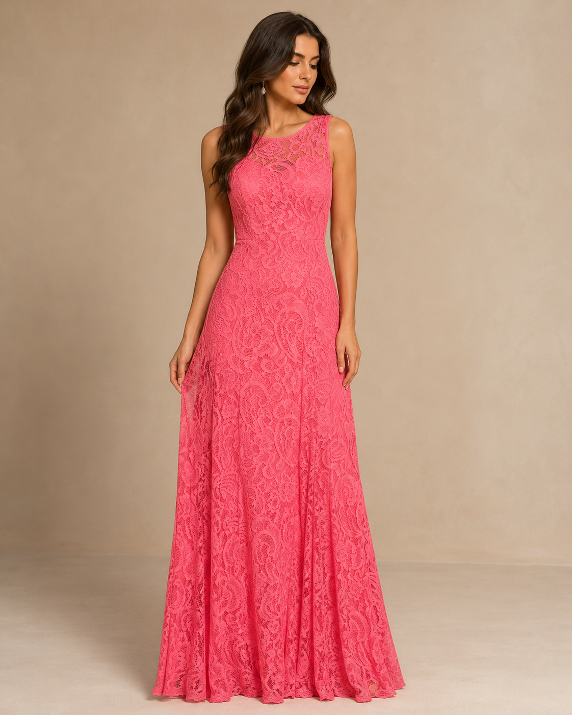Coral Lace Illusion A-Line Gown - Coral (view 3)