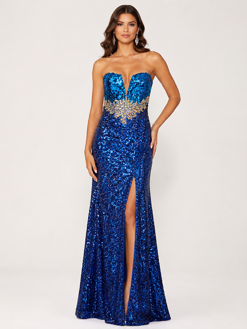 Royal Blue Sequin Slit Gown - Royal Blue (view 2)