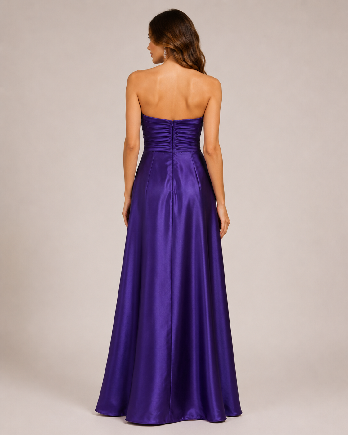 Purple Satin Strapless Cascade Gown - Purple (view 5)