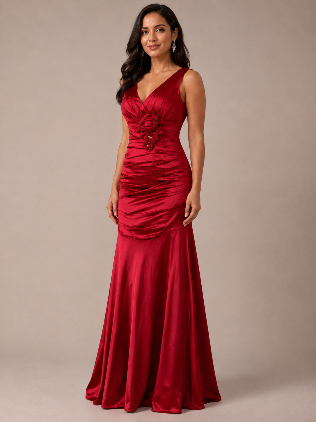 Red Satin Rosette Mermaid Gown - Red (view 2)