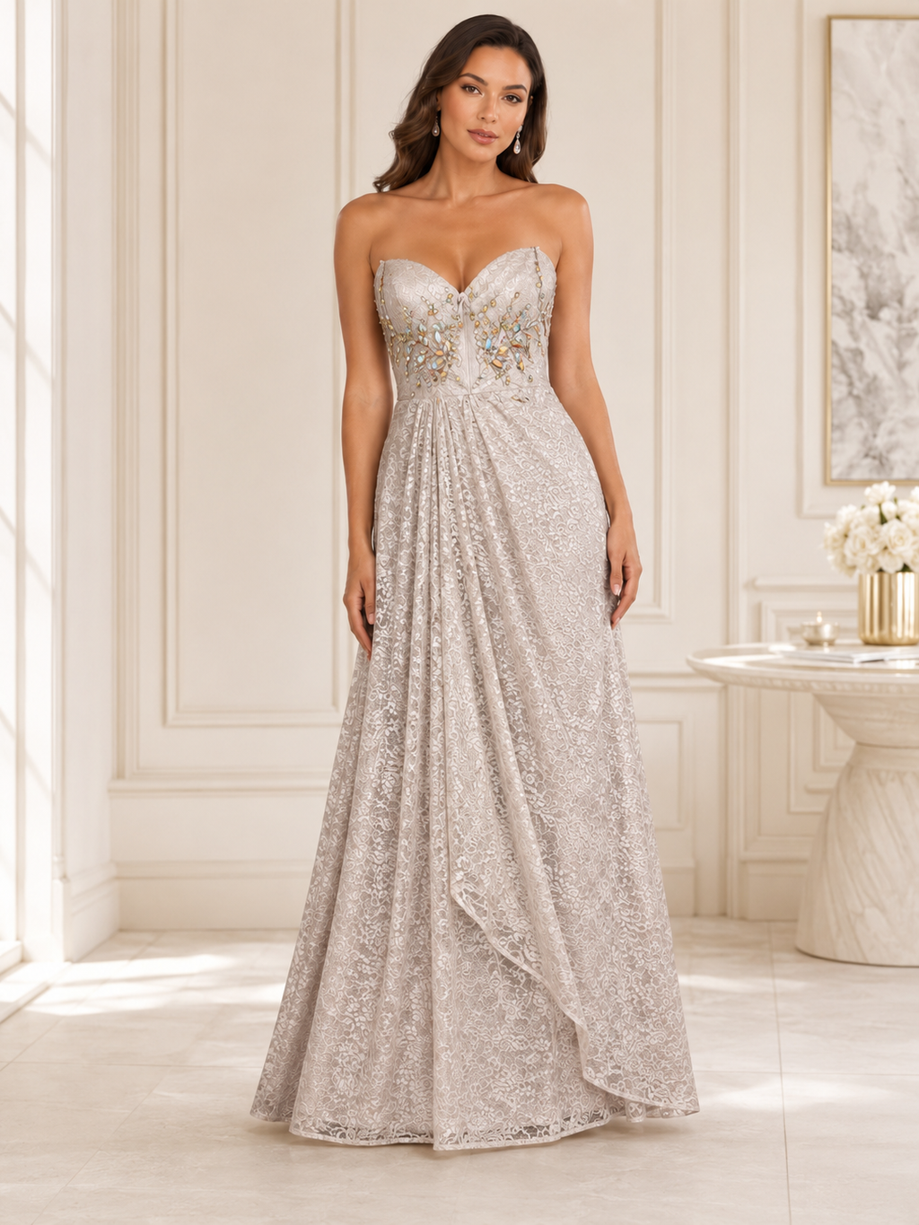 Silver Beaded Cascade Gown - Silver (view 3)