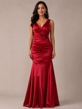 Red Satin Rosette Mermaid Gown - Red (view 1)