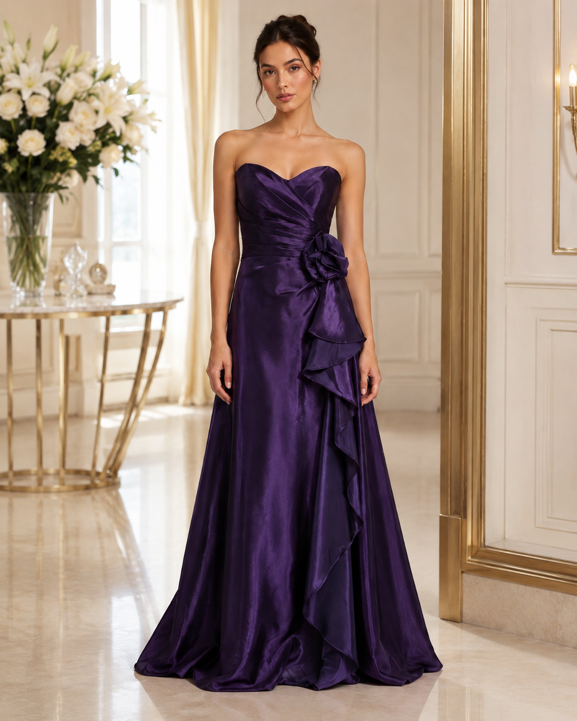 Purple Satin Strapless Cascade Gown - Purple (view 8)