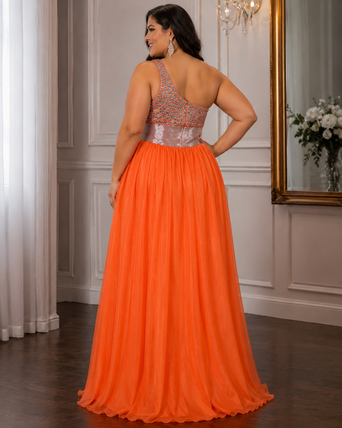 Silver-Bodice One-Shoulder Chiffon Gown - Orange (view 2)