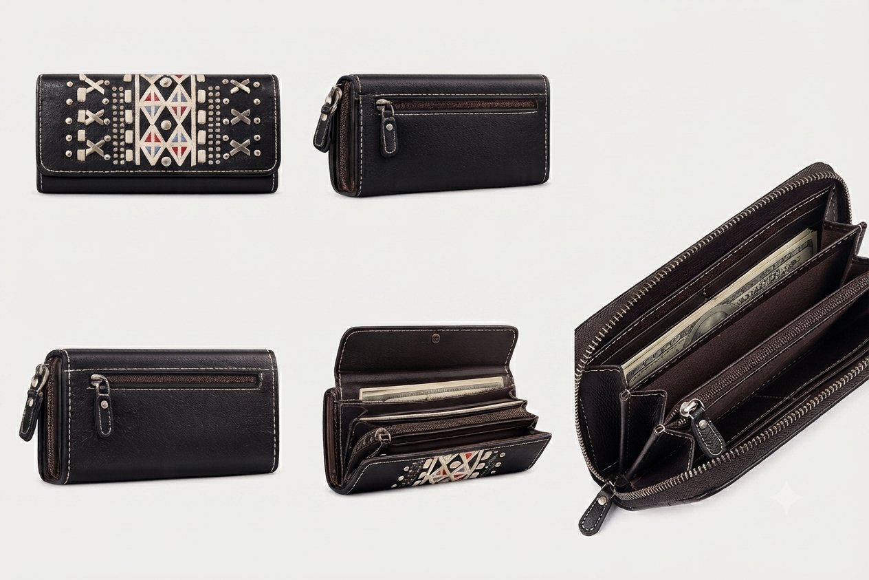 Black Aztec Studded Zip-Around Wallet | Afayi Commerce
