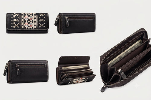 Black Aztec Studded Zip-Around Wallet | Afayi Commerce