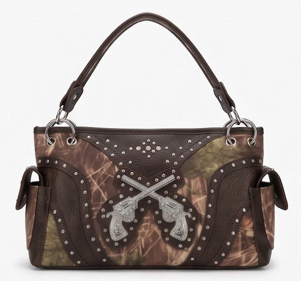 Brown Crossed-Pistols Camo Satchel - Front View | Afayi Commerce