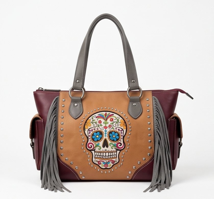 Sugar Skull Fringe Satchel - Front View | Afayi Commerce