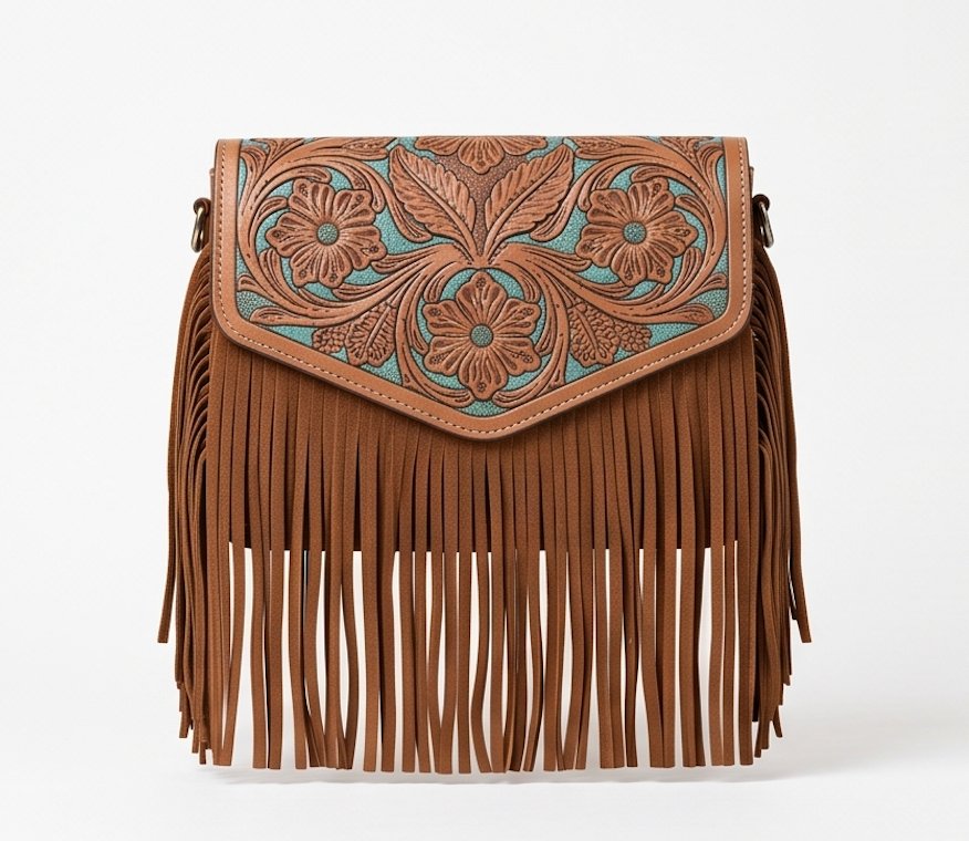 Tooled Fringe Crossbody Bag - Front View | Afayi Commerce