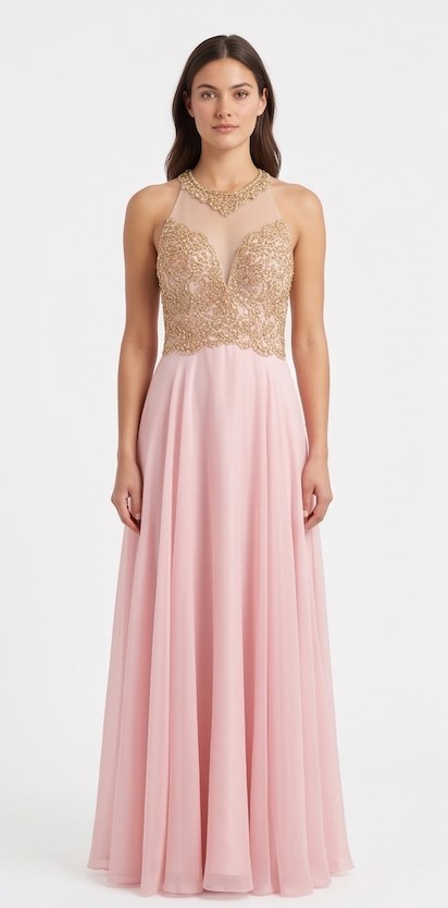 Blush Gold-Lace Illusion Gown - Front View | Afayi Commerce