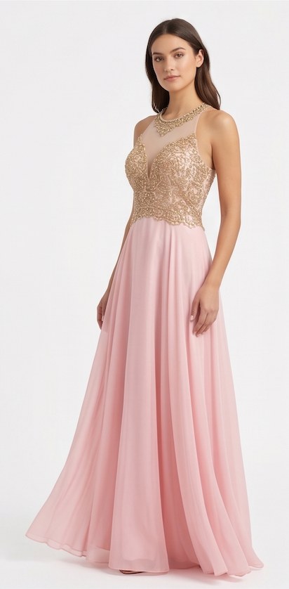 Blush Gold-Lace Illusion Gown - Alternate View 1 | Afayi Commerce