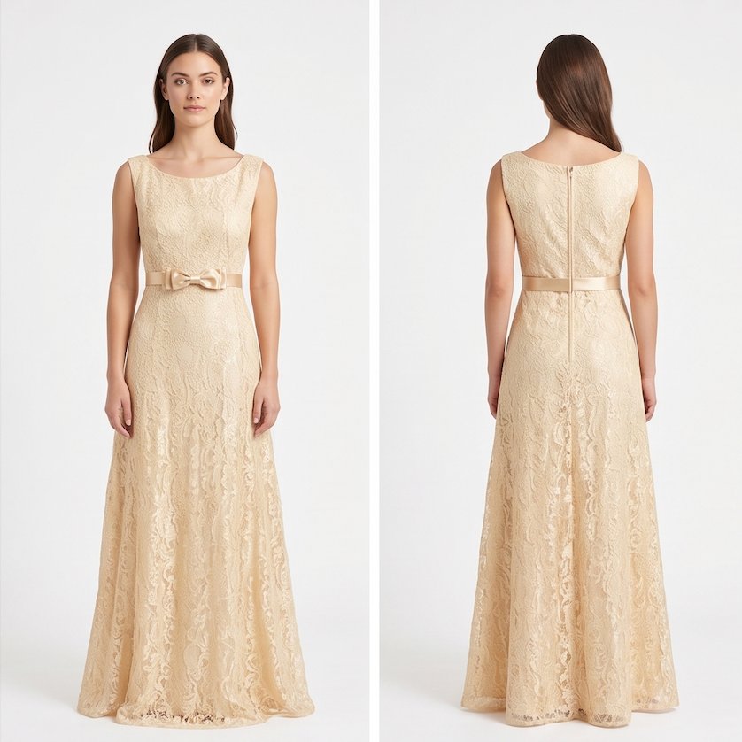 Champagne Gold-Lace Bow Gown - Front View | Afayi Commerce