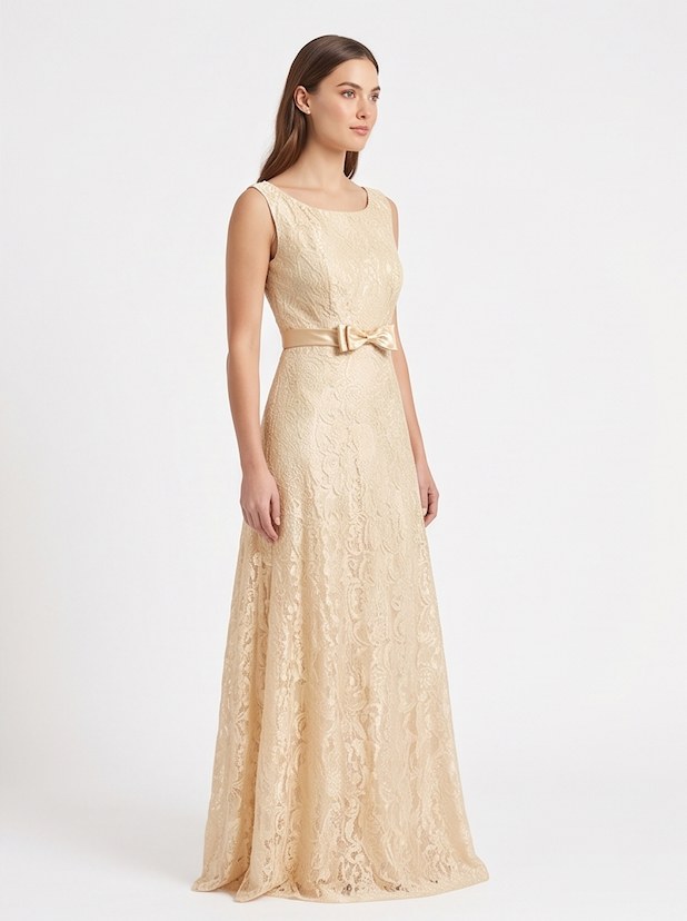 Champagne Gold-Lace Bow Gown - Alternate View 1 | Afayi Commerce