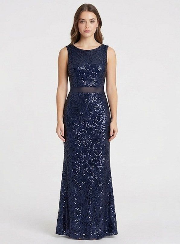 Midnight Navy Sequin Sleeveless Evening Gown - Front View | Afayi Commerce