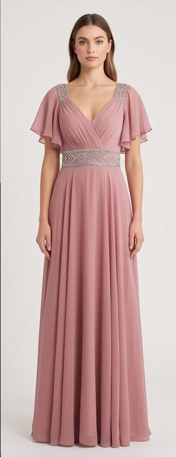 Mauve Flutter-Sleeve Chiffon Gown - Front View | Afayi Commerce
