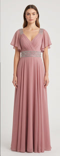 Mauve Flutter-Sleeve Chiffon Gown - Front View | Afayi Commerce