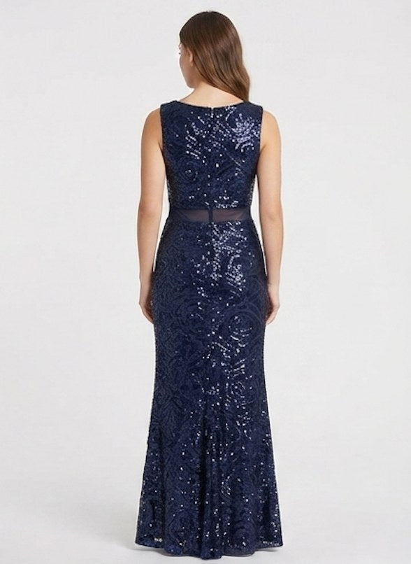 Midnight Navy Sequin Sleeveless Evening Gown - Alternate View 1 | Afayi Commerce