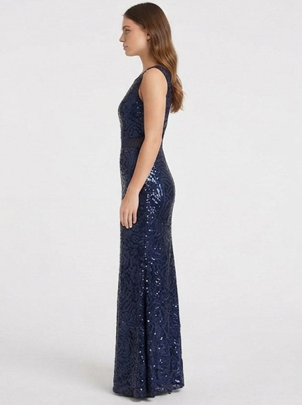 Midnight Navy Sequin Sleeveless Evening Gown - Alternate View 2 | Afayi Commerce