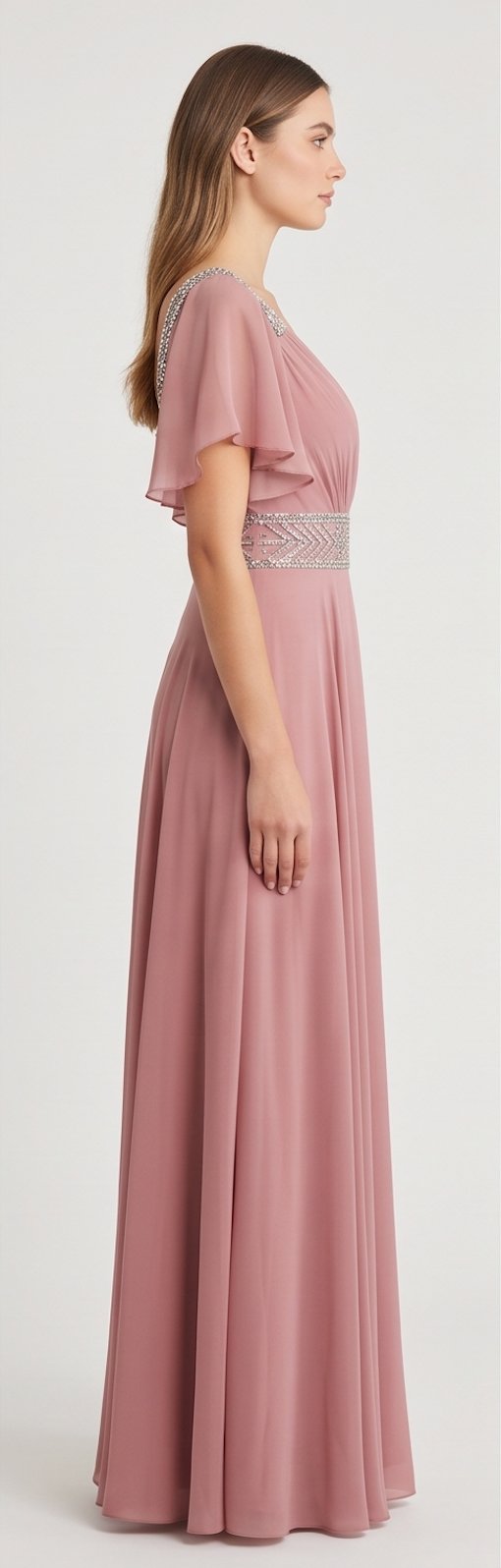 Mauve Flutter-Sleeve Chiffon Gown - Alternate View 2 | Afayi Commerce