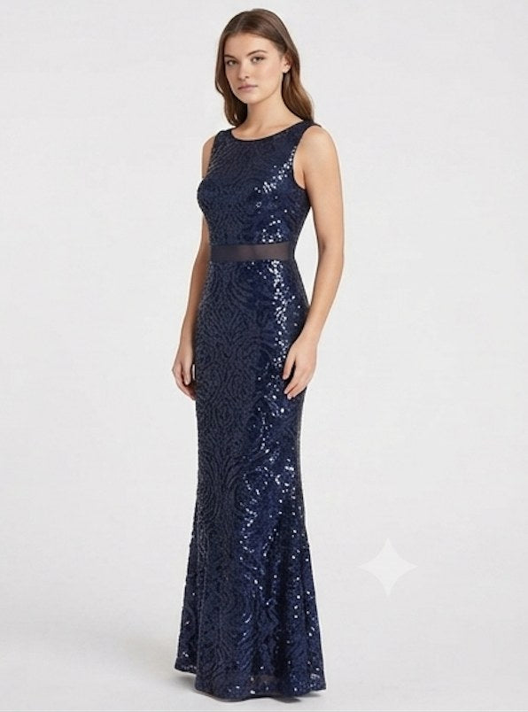 Midnight Navy Sequin Sleeveless Evening Gown - Alternate View 3 | Afayi Commerce