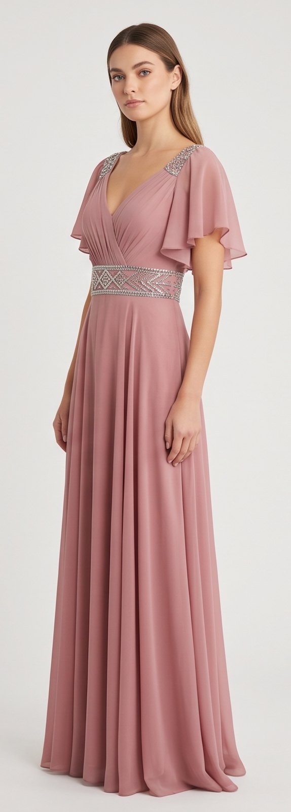 Mauve Flutter-Sleeve Chiffon Gown - Alternate View 3 | Afayi Commerce