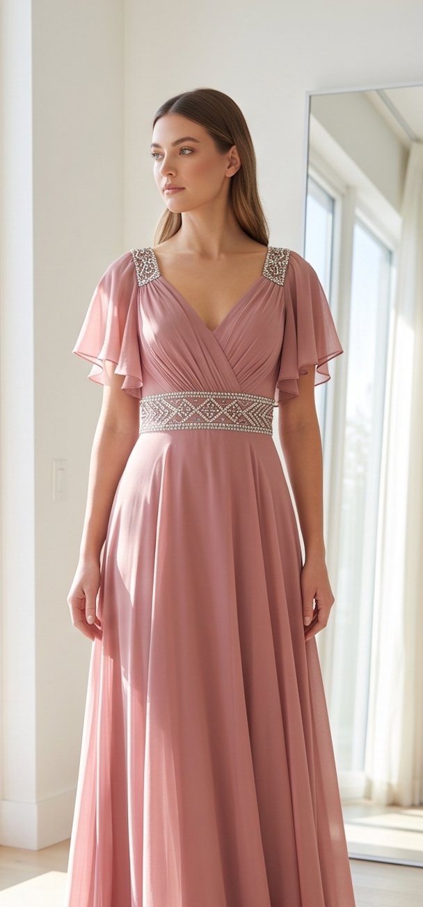 Mauve Flutter-Sleeve Chiffon Gown - Alternate View 4 | Afayi Commerce