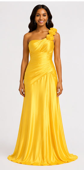 Yellow One-Shoulder Satin Gown - Yellow (view 1)