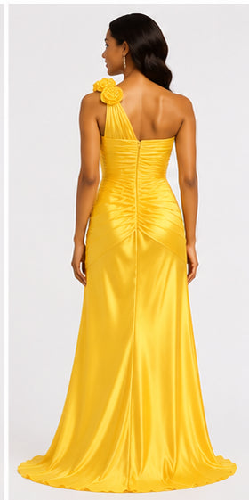 Yellow One-Shoulder Satin Gown - Yellow (view 2)