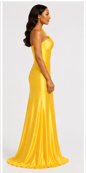 Yellow One-Shoulder Satin Gown - Yellow (view 3)