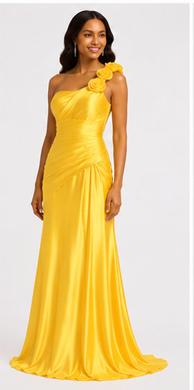 Yellow One-Shoulder Satin Gown - Yellow (view 4)