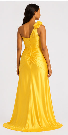 Yellow One-Shoulder Satin Gown - Yellow (view 5)
