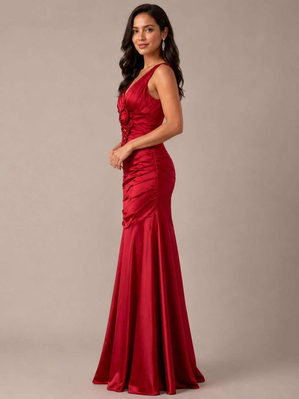 Red Satin Rosette Mermaid Gown - Red (view 4)